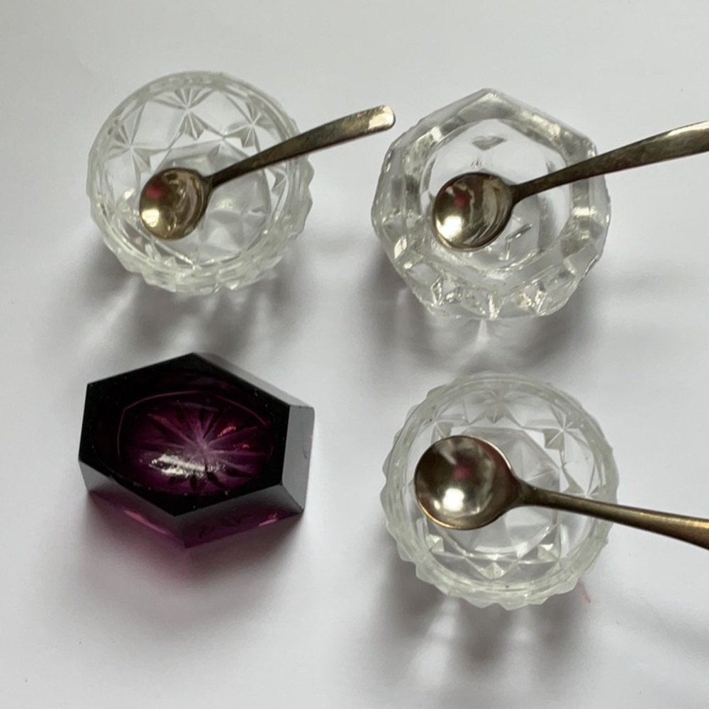 Antique pressed glass salt cellars. Lot of 4. One amethyst glass.
